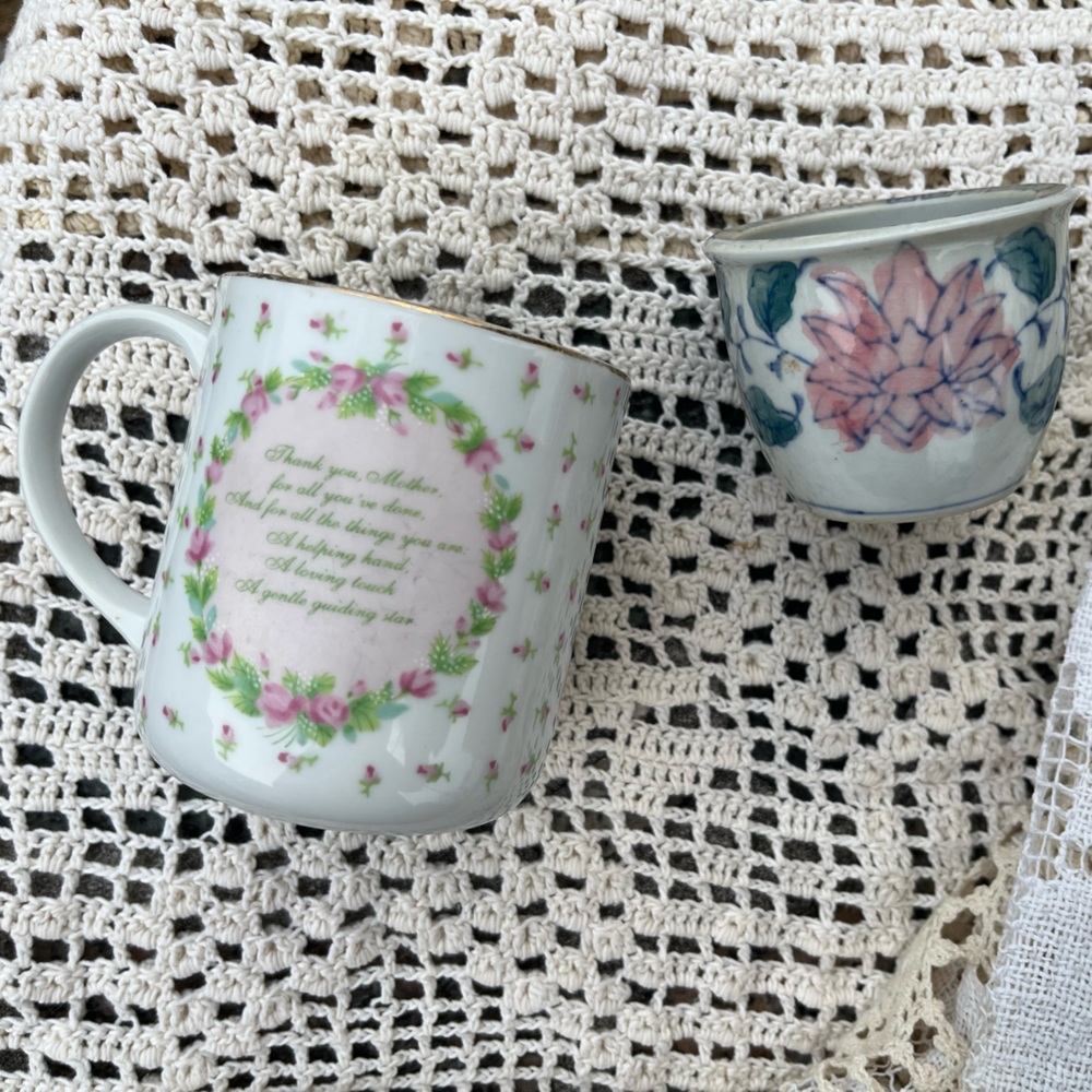 Floral Porcelain Mug and Trinket Dish - Pink Rose Motifs